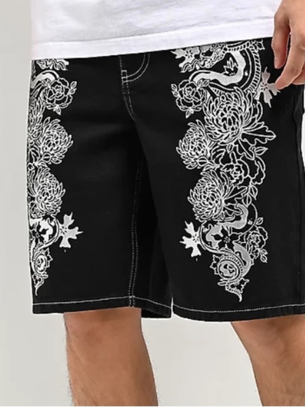 Men's Black Jean Shorts with White Floral Print